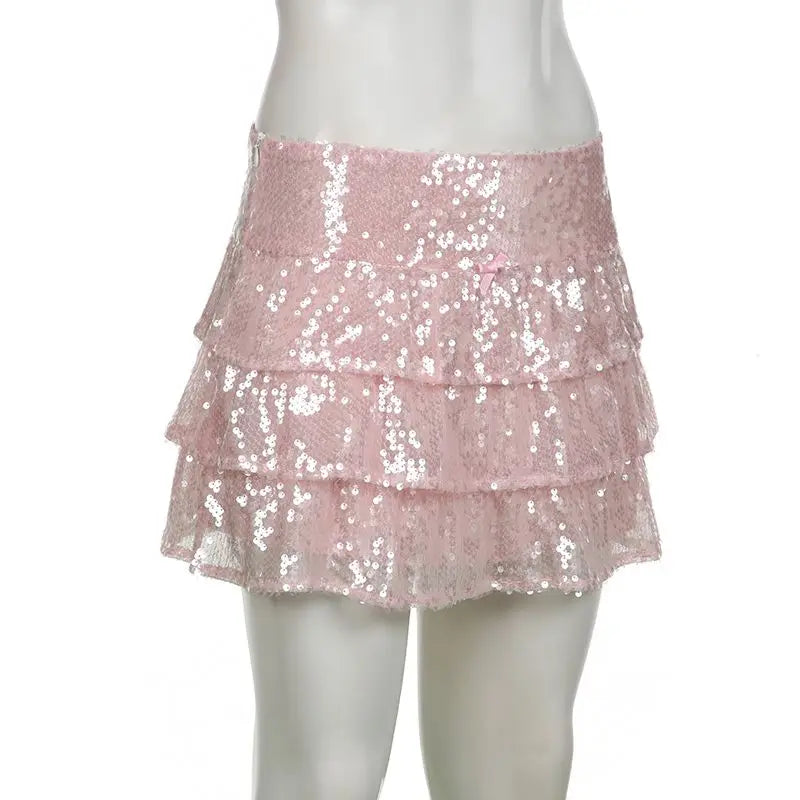 Sequin Skirt Women Pink Skirts for Sweet and Hot Girls Mesh Cake Skirt Summer New Chic Sexy Slim Fit Short Skirt for Women