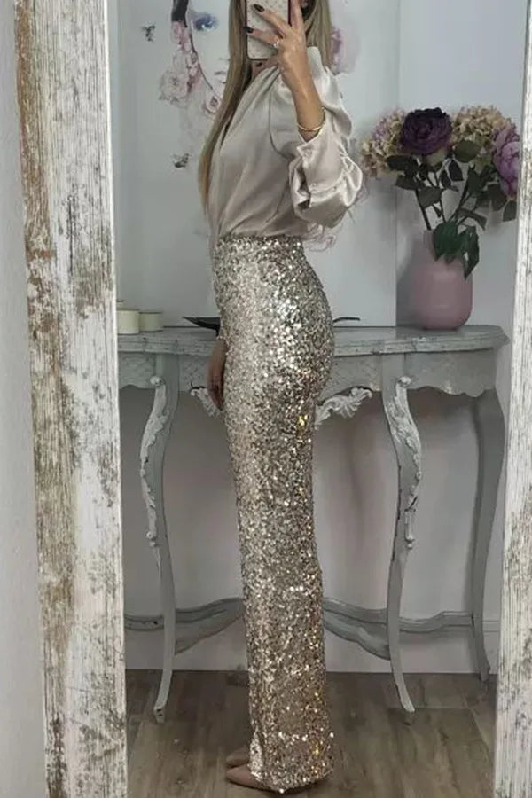 Fashion Sequin Slim Women's Long Pants Spring And Summer New Simple Elegant Party Women Stretch Straight Flared Long Pants 2025