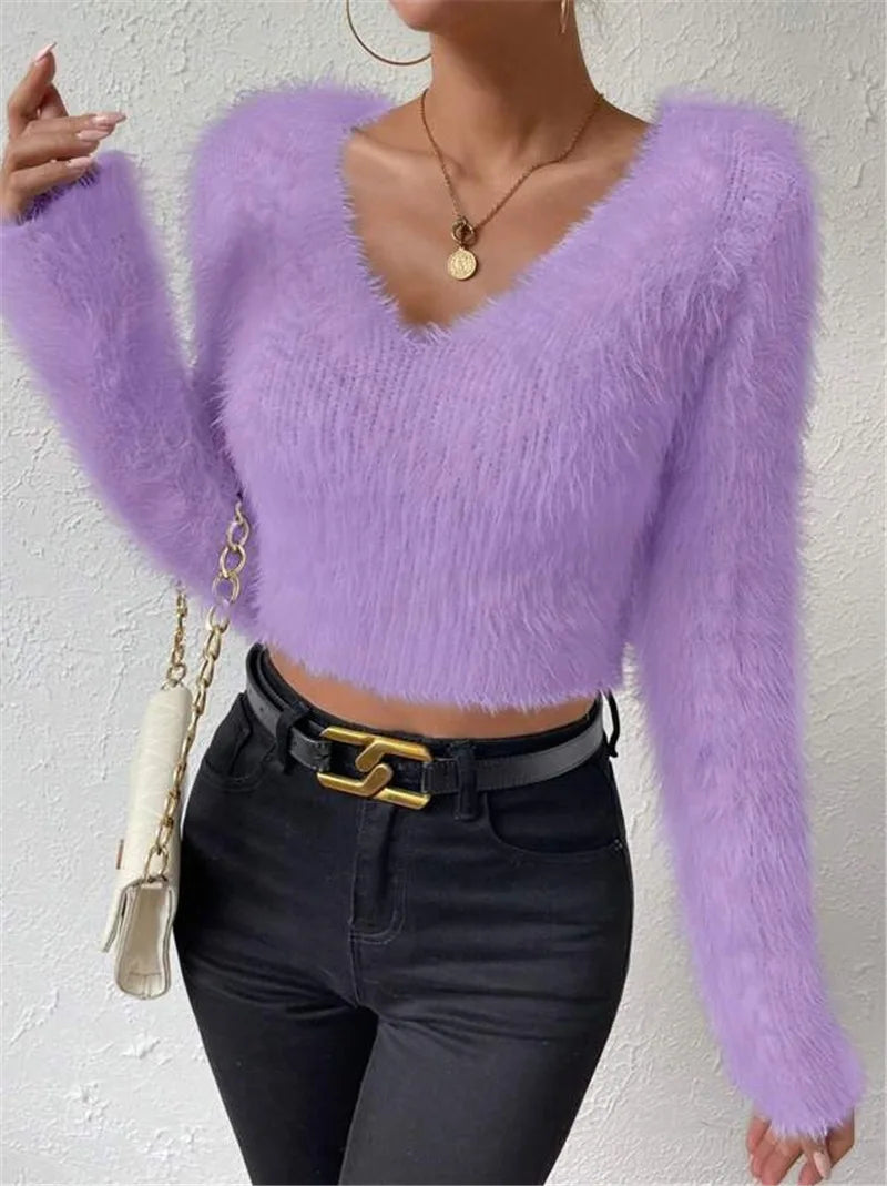 Women's Sweater Sexy V Neck Fashion Long Sleeve Slim Solid Color Cropped Top