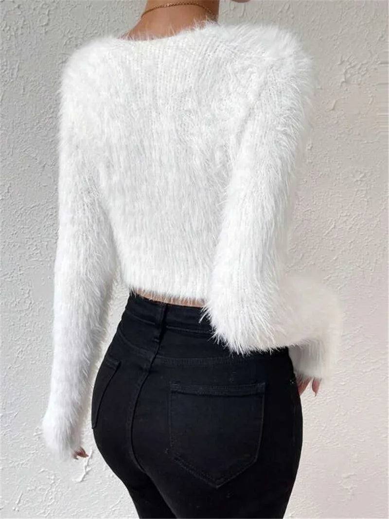 Women's Sweater Sexy V Neck Fashion Long Sleeve Slim Solid Color Cropped Top