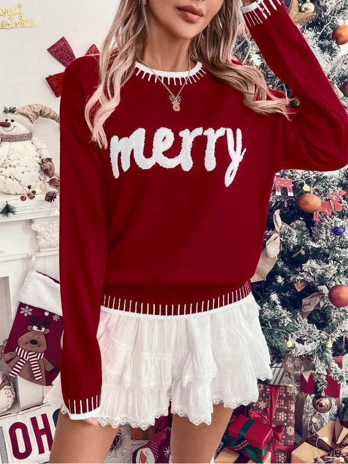 2025 New Winter Christmas Sweater For Women Print Knitted Long Sleeve Y2K Clothes Warm Jumpers Pullover Tops Knitwear