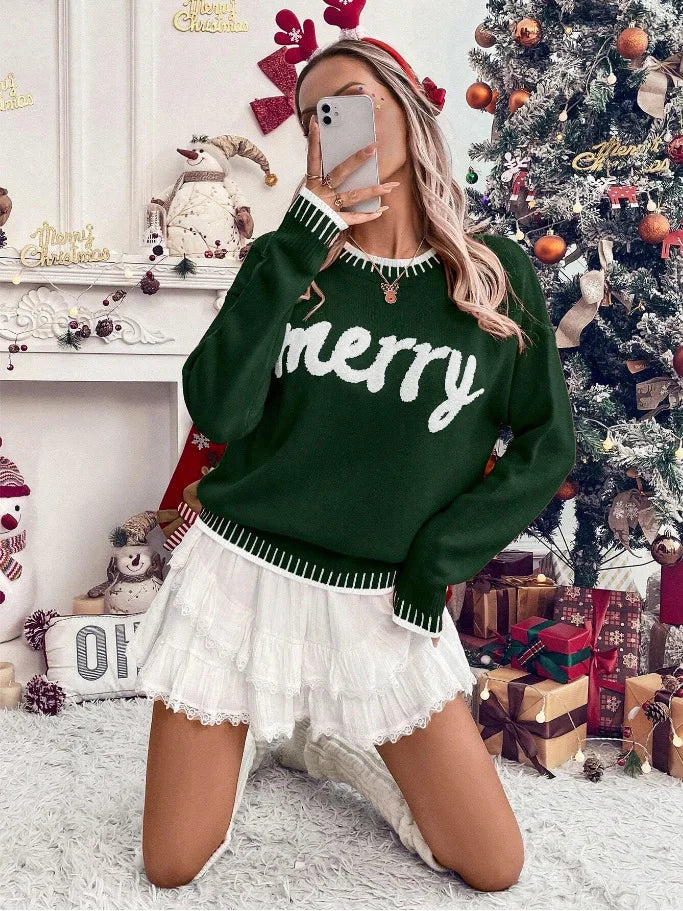 2025 New Winter Christmas Sweater For Women Print Knitted Long Sleeve Y2K Clothes Warm Jumpers Pullover Tops Knitwear