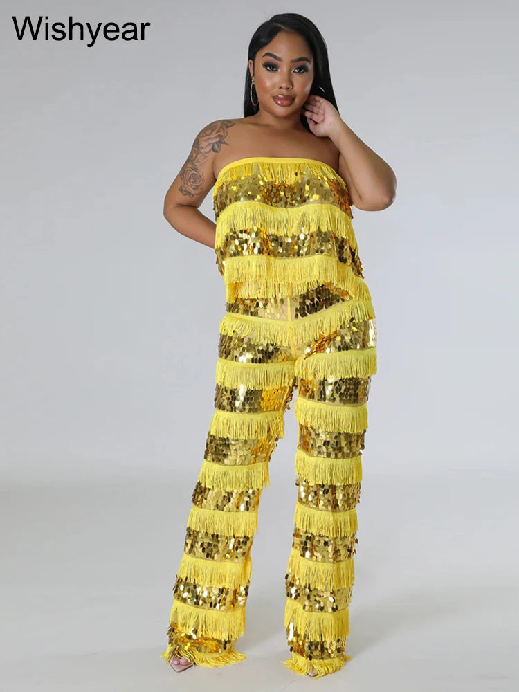 New Luxury Sequin Tassel Women Sleeveless Strapless Crop Tops and Wide Leg Pants Two 2 Piece Sexy Club Birthday Matching Sets