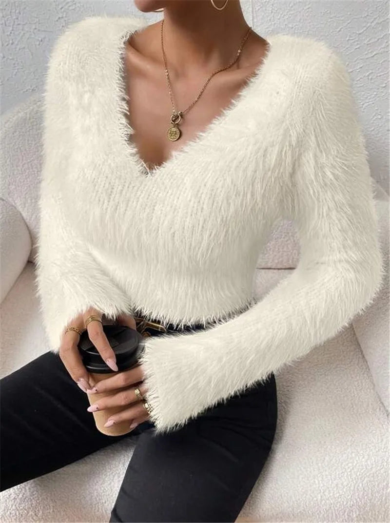 Women's Sweater Sexy V Neck Fashion Long Sleeve Slim Solid Color Cropped Top
