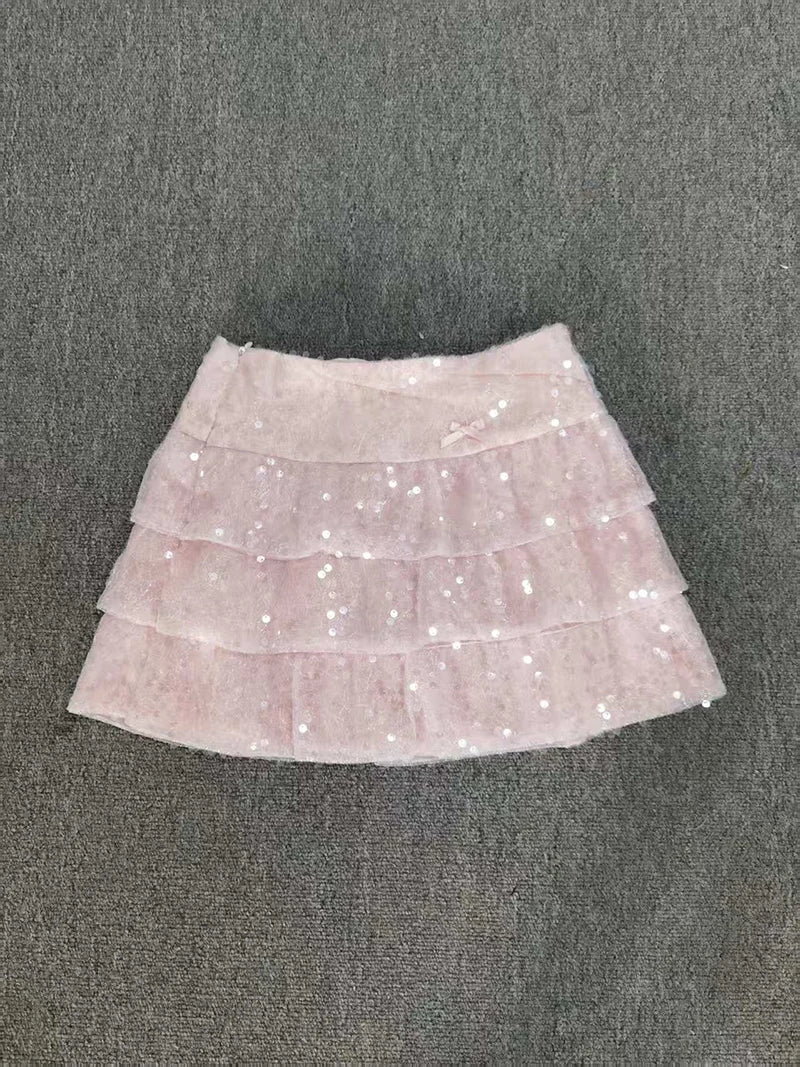 Sequin Skirt Women Pink Skirts for Sweet and Hot Girls Mesh Cake Skirt Summer New Chic Sexy Slim Fit Short Skirt for Women