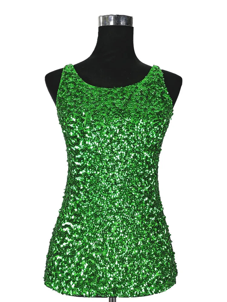 New Women Sequined Spaghetti Camisole Tank Tops Summer Clubwear Tops Sexy Round Neck Sequin Camis Vest Tops Blue