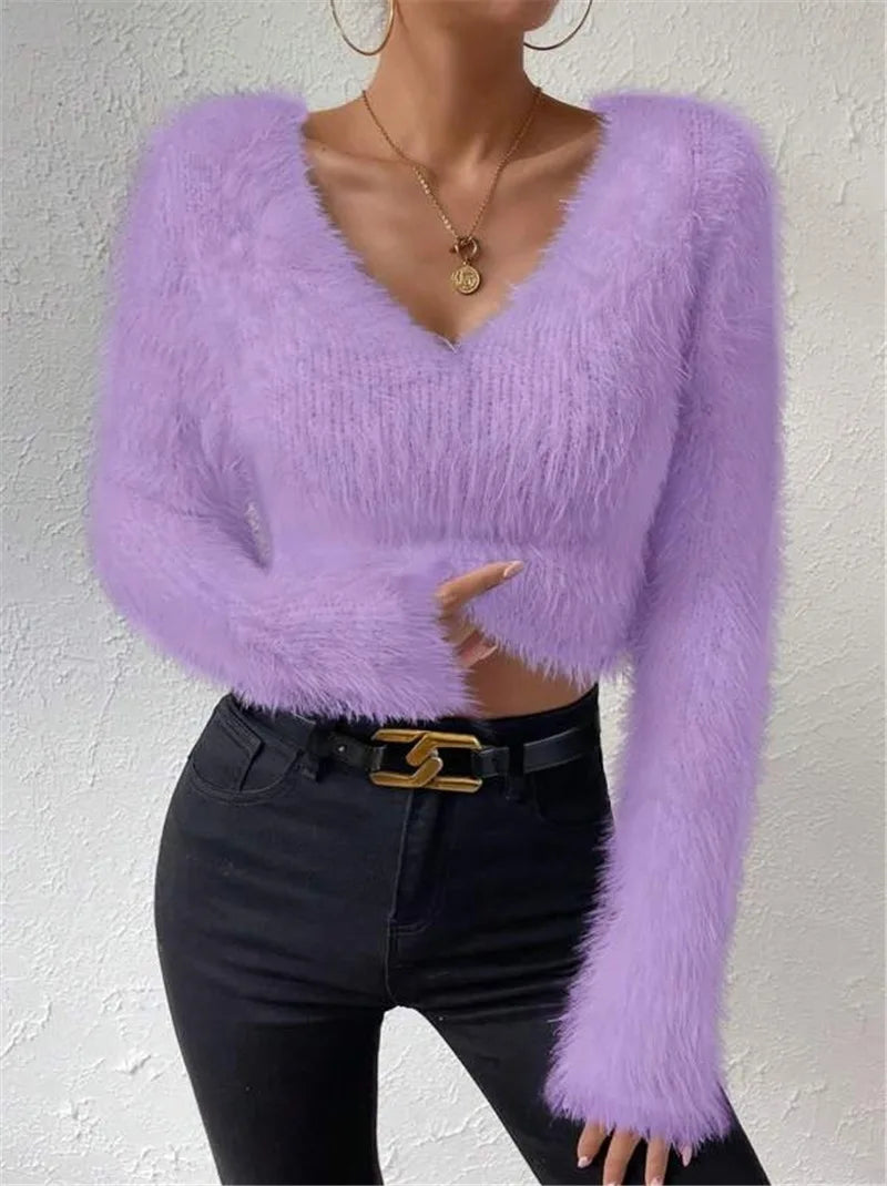Women's Sweater Sexy V Neck Fashion Long Sleeve Slim Solid Color Cropped Top