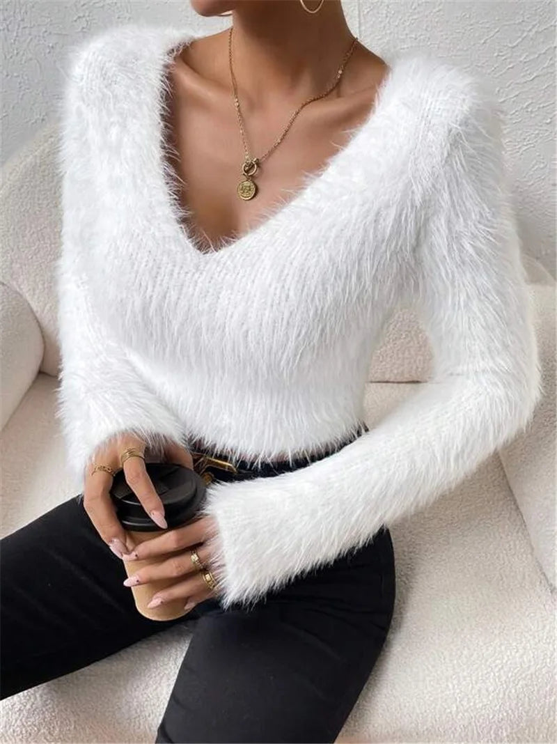 Women's Sweater Sexy V Neck Fashion Long Sleeve Slim Solid Color Cropped Top