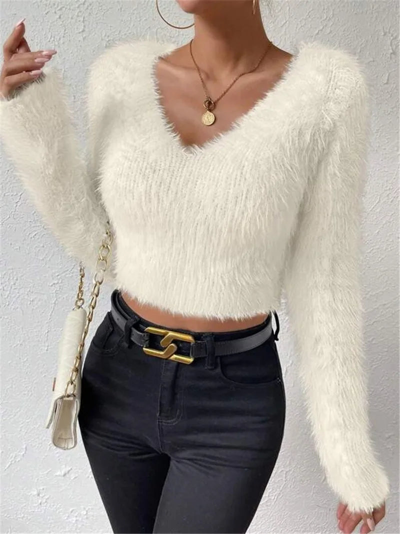 Women's Sweater Sexy V Neck Fashion Long Sleeve Slim Solid Color Cropped Top