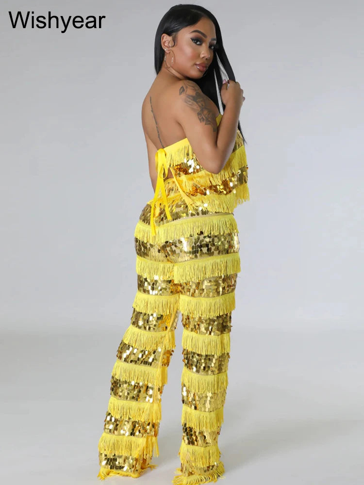 New Luxury Sequin Tassel Women Sleeveless Strapless Crop Tops and Wide Leg Pants Two 2 Piece Sexy Club Birthday Matching Sets