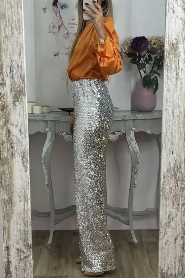 Fashion Sequin Slim Women's Long Pants Spring And Summer New Simple Elegant Party Women Stretch Straight Flared Long Pants 2025