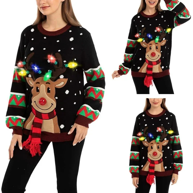 Women 2025 New LED Light Up Holiday Sweater Christmas Cartoon Reindeer Knit Pullover Top