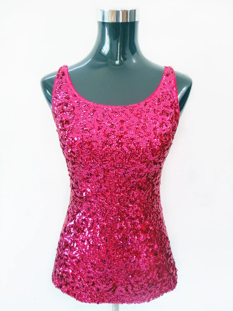 New Women Sequined Spaghetti Camisole Tank Tops Summer Clubwear Tops Sexy Round Neck Sequin Camis Vest Tops Blue