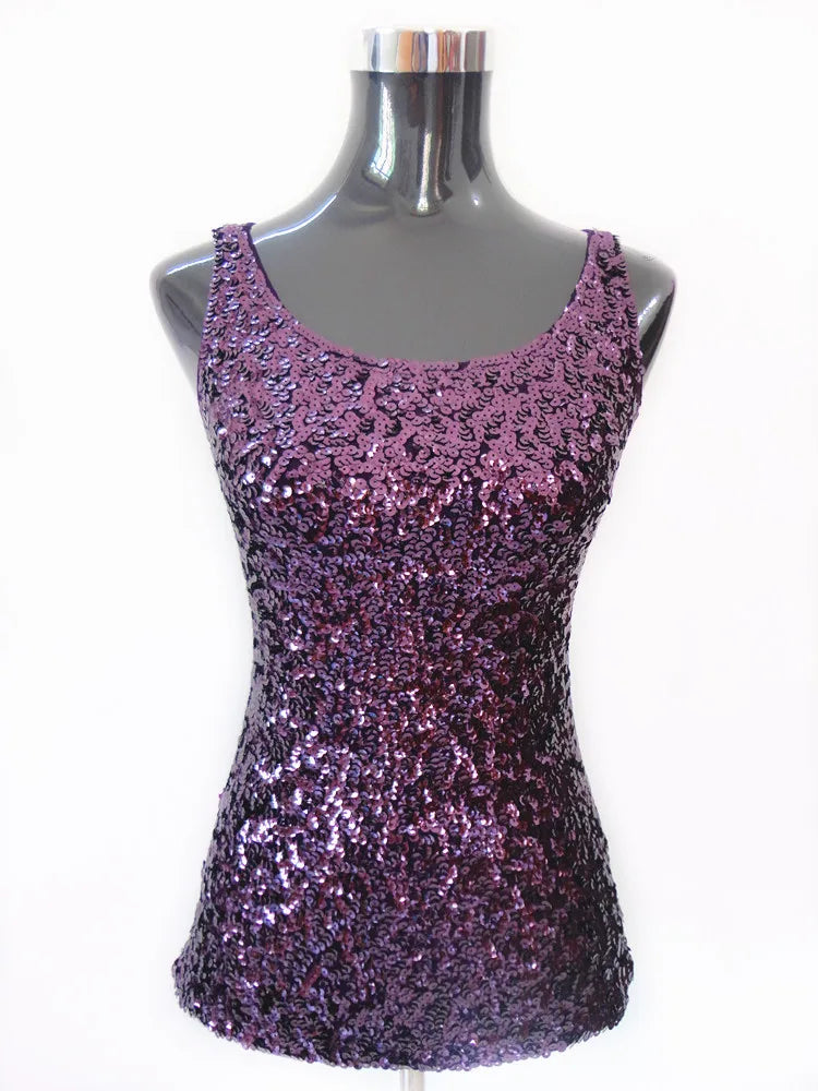 New Women Sequined Spaghetti Camisole Tank Tops Summer Clubwear Tops Sexy Round Neck Sequin Camis Vest Tops Blue