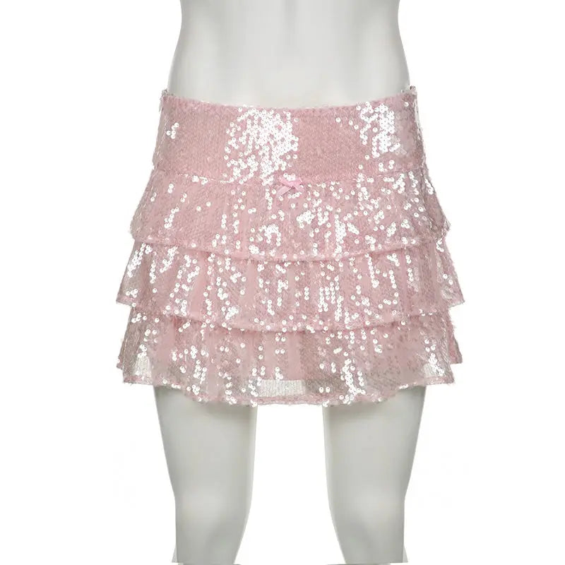Sequin Skirt Women Pink Skirts for Sweet and Hot Girls Mesh Cake Skirt Summer New Chic Sexy Slim Fit Short Skirt for Women