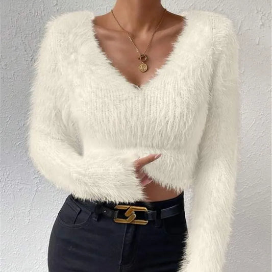 Women's Sweater Sexy V Neck Fashion Long Sleeve Slim Solid Color Cropped Top