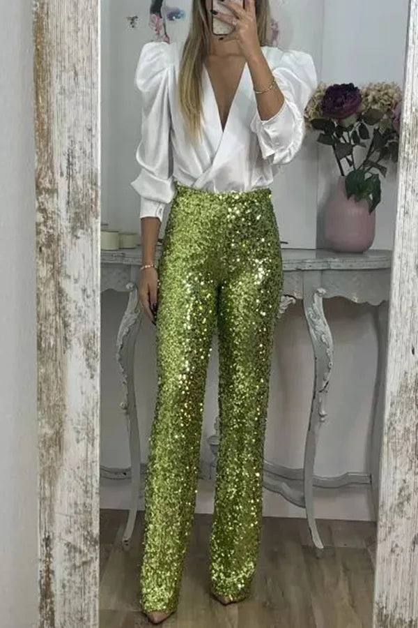Fashion Sequin Slim Women's Long Pants Spring And Summer New Simple Elegant Party Women Stretch Straight Flared Long Pants 2025