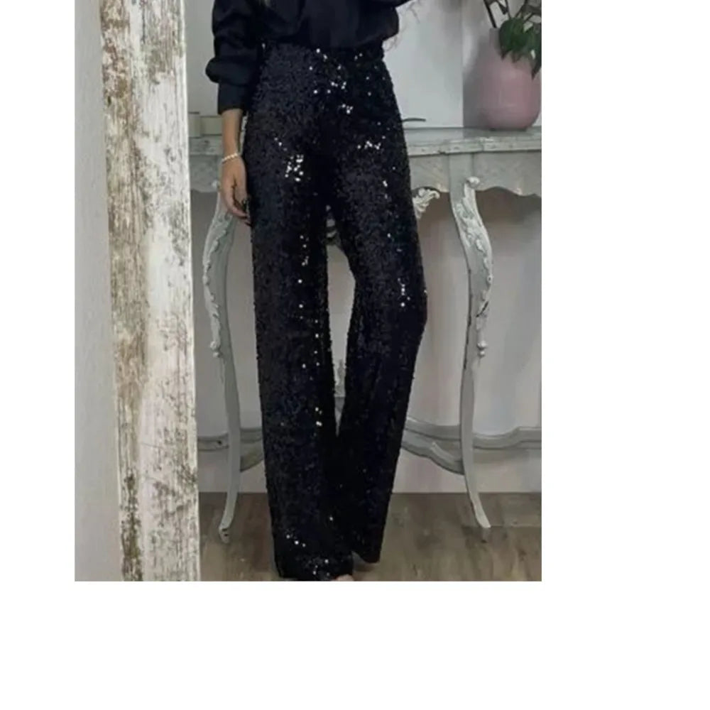 Fashion Sequin Slim Women's Long Pants Spring And Summer New Simple Elegant Party Women Stretch Straight Flared Long Pants 2025