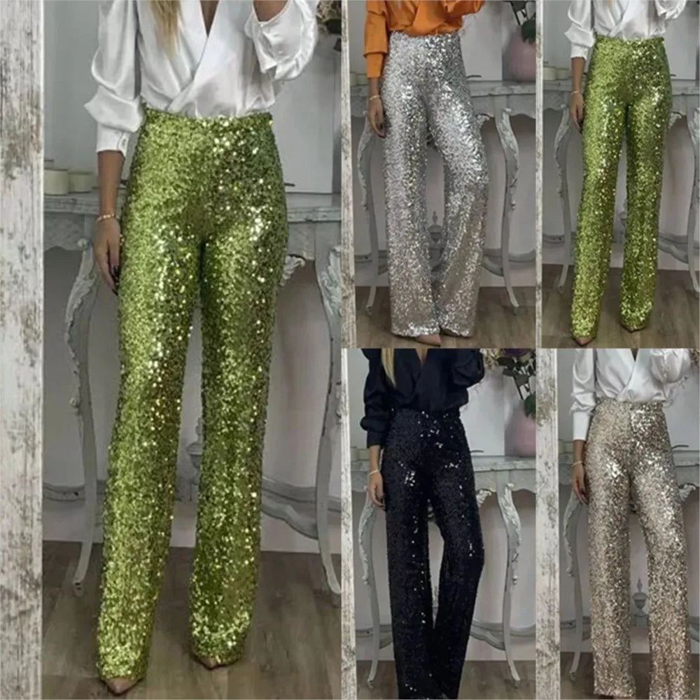 Fashion Sequin Slim Women's Long Pants Spring And Summer New Simple Elegant Party Women Stretch Straight Flared Long Pants 2025
