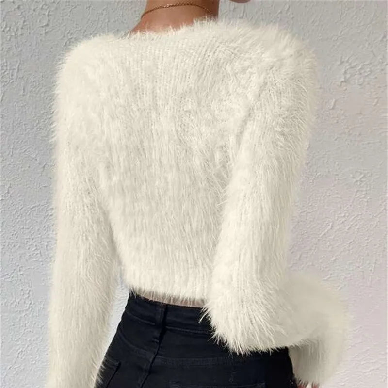 Women's Sweater Sexy V Neck Fashion Long Sleeve Slim Solid Color Cropped Top