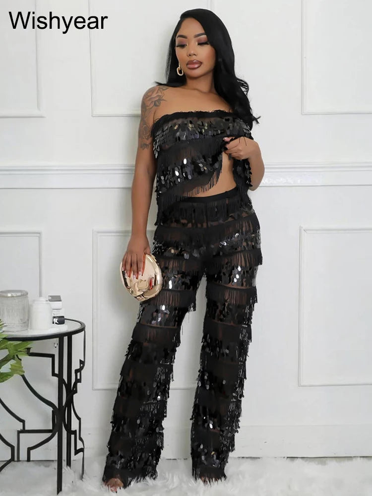 New Luxury Sequin Tassel Women Sleeveless Strapless Crop Tops and Wide Leg Pants Two 2 Piece Sexy Club Birthday Matching Sets