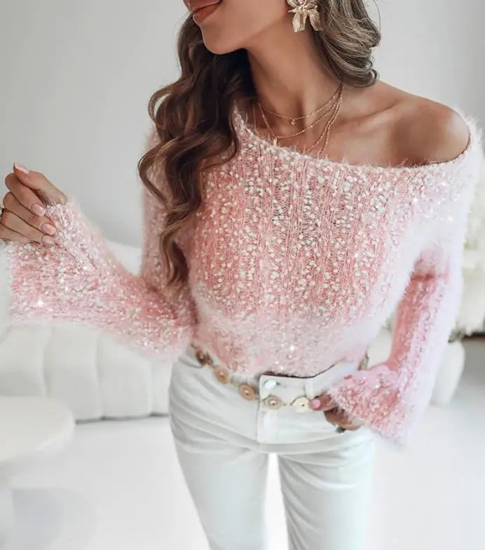 Women's Sweater 2025 Spring Autumn New Solid Color Skew Neck Bell Sleeve Textured Fuzzy Casual Long Sleeve Slim Knit Sweater