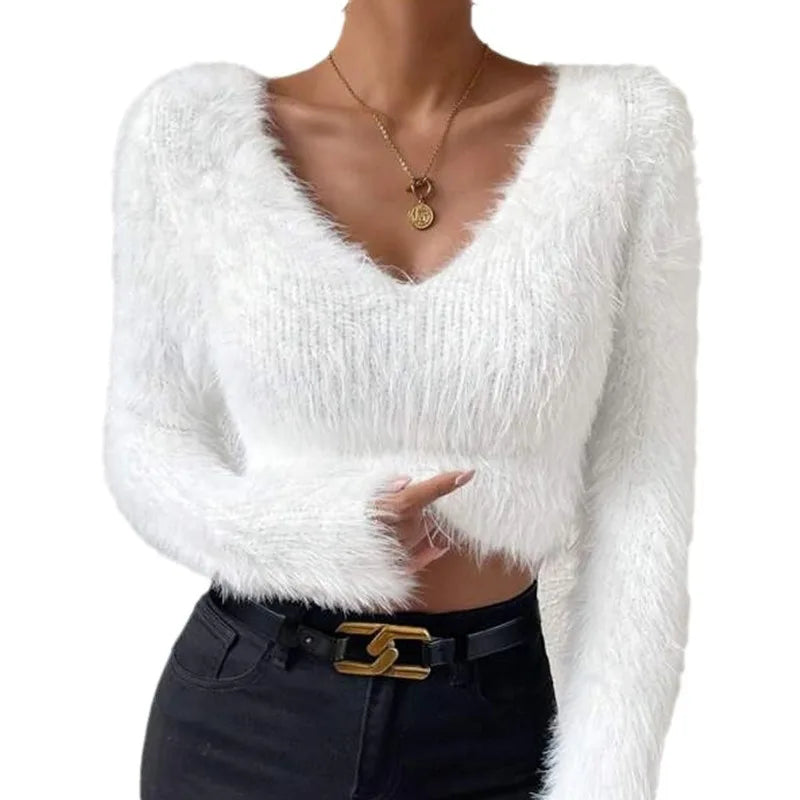 Women's Sweater Sexy V Neck Fashion Long Sleeve Slim Solid Color Cropped Top