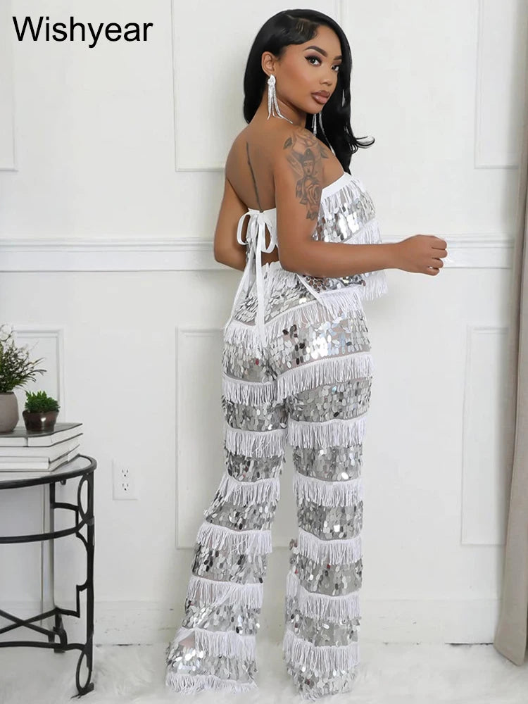 New Luxury Sequin Tassel Women Sleeveless Strapless Crop Tops and Wide Leg Pants Two 2 Piece Sexy Club Birthday Matching Sets