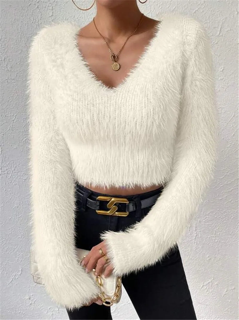 Women's Sweater Sexy V Neck Fashion Long Sleeve Slim Solid Color Cropped Top