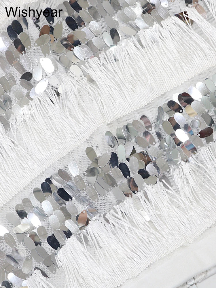 New Luxury Sequin Tassel Women Sleeveless Strapless Crop Tops and Wide Leg Pants Two 2 Piece Sexy Club Birthday Matching Sets