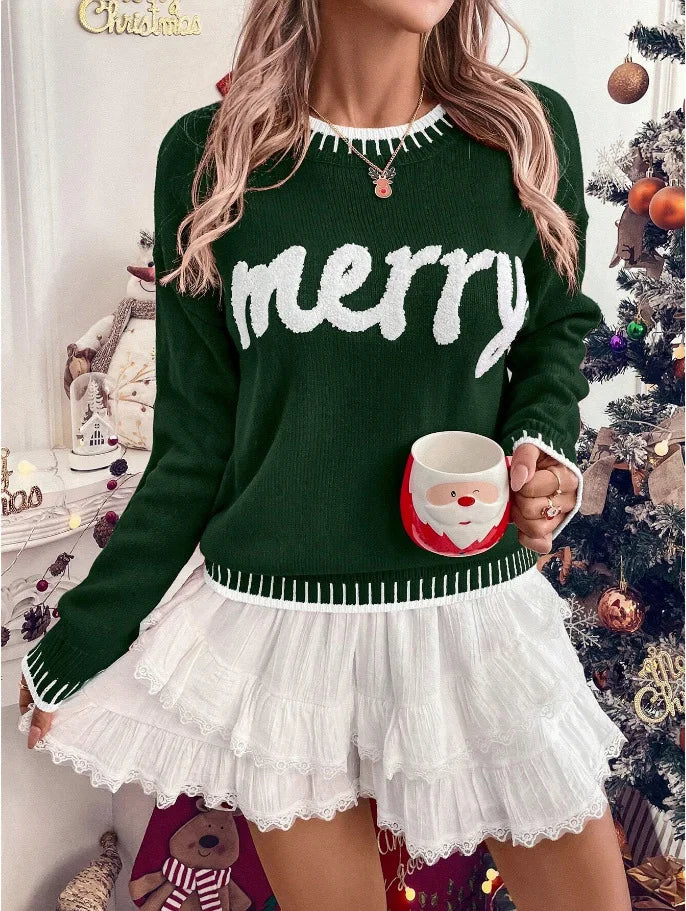 2025 New Winter Christmas Sweater For Women Print Knitted Long Sleeve Y2K Clothes Warm Jumpers Pullover Tops Knitwear