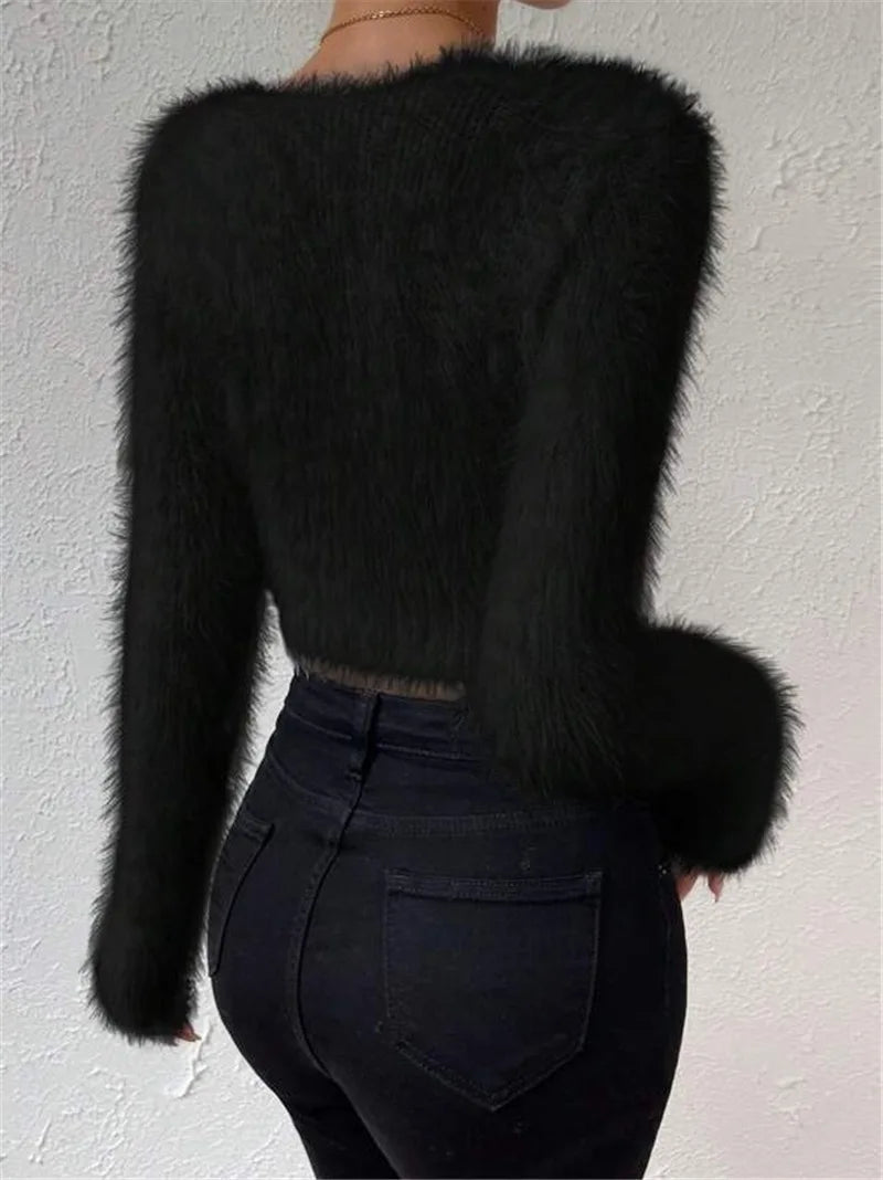 Women's Sweater Sexy V Neck Fashion Long Sleeve Slim Solid Color Cropped Top