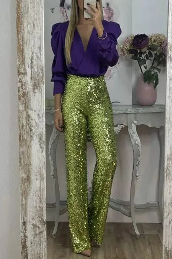 Fashion Sequin Slim Women's Long Pants Spring And Summer New Simple Elegant Party Women Stretch Straight Flared Long Pants 2025