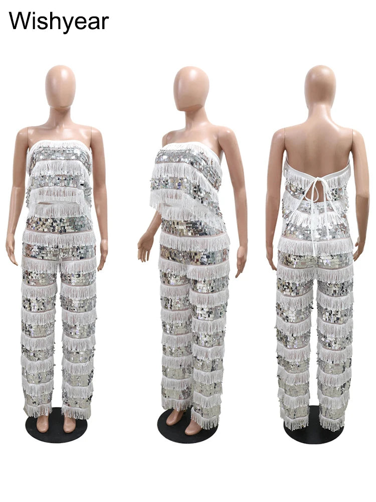 New Luxury Sequin Tassel Women Sleeveless Strapless Crop Tops and Wide Leg Pants Two 2 Piece Sexy Club Birthday Matching Sets