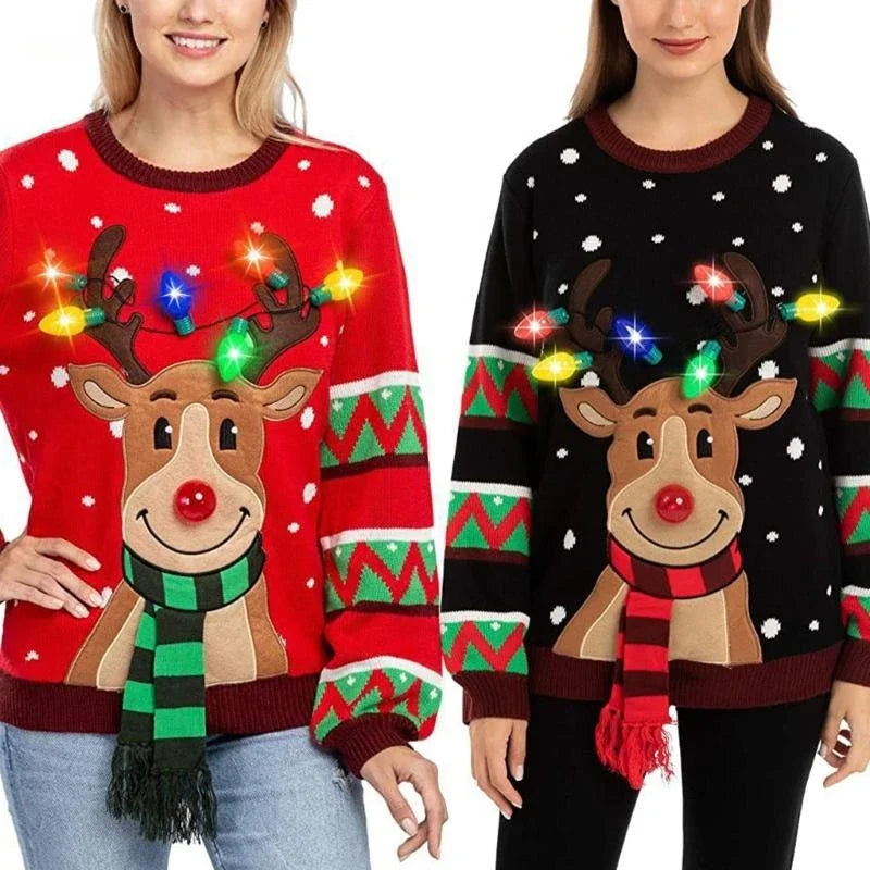 Women 2025 New LED Light Up Holiday Sweater Christmas Cartoon Reindeer Knit Pullover Top
