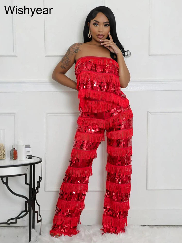 New Luxury Sequin Tassel Women Sleeveless Strapless Crop Tops and Wide Leg Pants Two 2 Piece Sexy Club Birthday Matching Sets