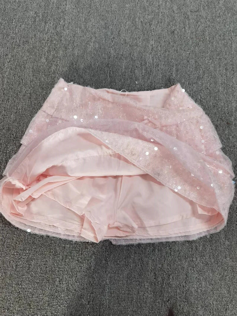 Sequin Skirt Women Pink Skirts for Sweet and Hot Girls Mesh Cake Skirt Summer New Chic Sexy Slim Fit Short Skirt for Women