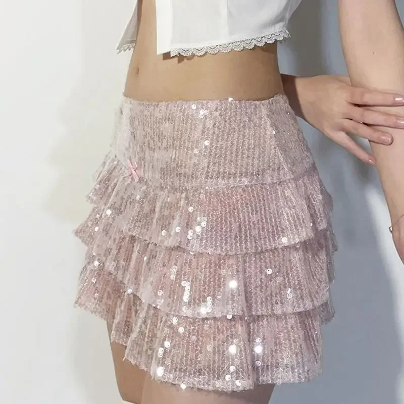 Sequin Skirt Women Pink Skirts for Sweet and Hot Girls Mesh Cake Skirt Summer New Chic Sexy Slim Fit Short Skirt for Women