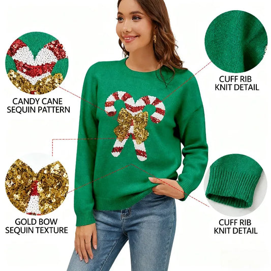 Women's Christmas Sweater with Sequin Candy Cane Bow Pattern Long Sleeve Knitted Pullover for Festive Holiday Outfits