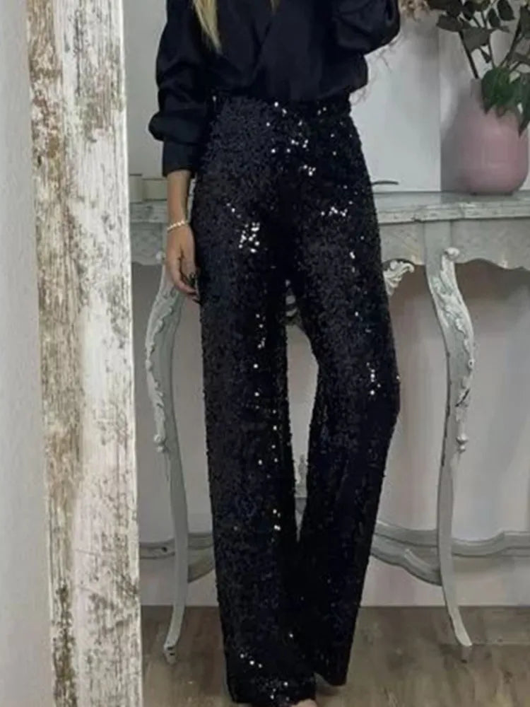 Fashion Sequin Slim Women's Long Pants Spring And Summer New Simple Elegant Party Women Stretch Straight Flared Long Pants 2025