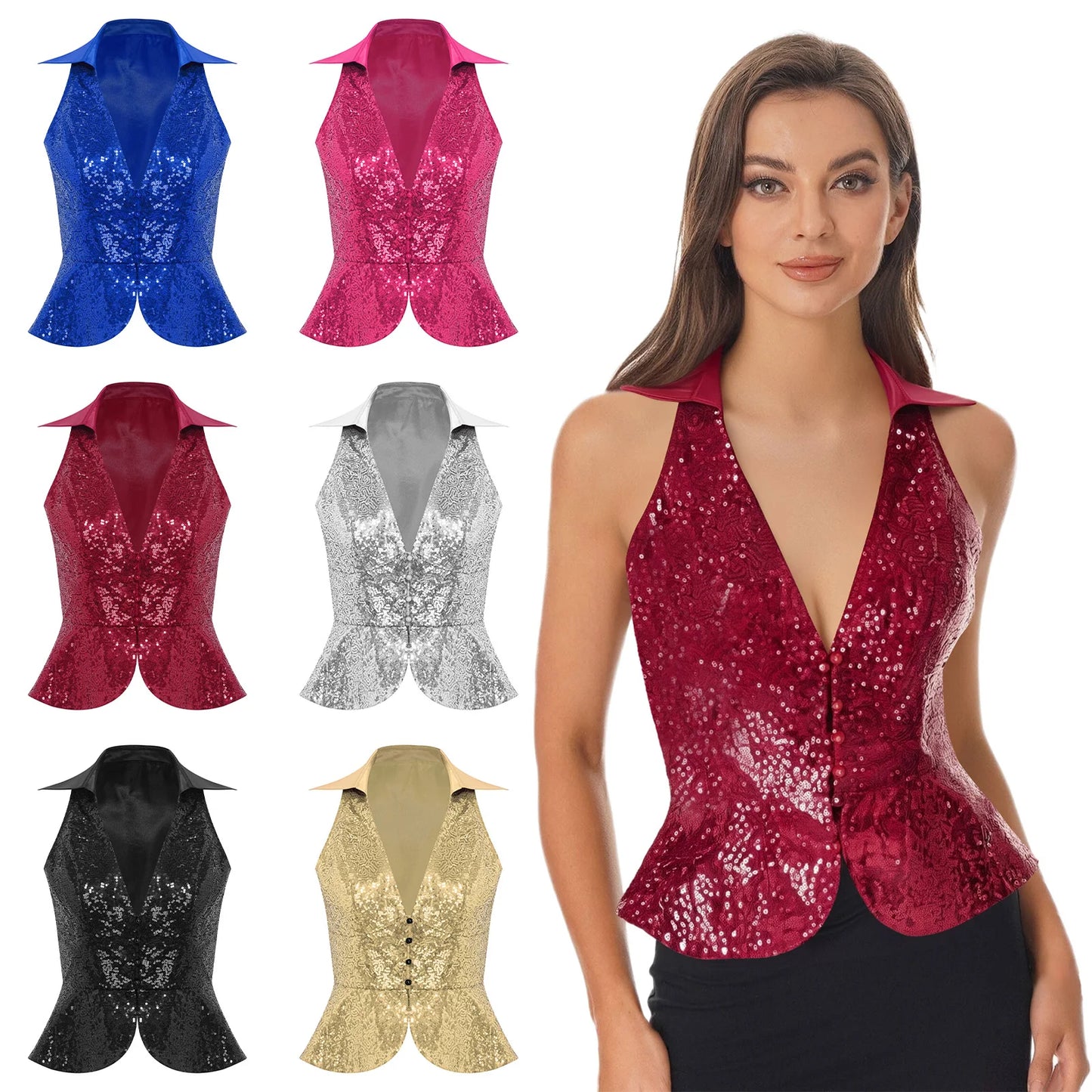 Sequins Vest Womens Fshion Sleeveless Vests Nightclub Bling Waistcoats Dressy Tops Rave Music Festival Party Sparkly Cosutme
