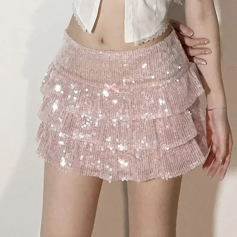 Sequin Skirt Women Pink Skirts for Sweet and Hot Girls Mesh Cake Skirt Summer New Chic Sexy Slim Fit Short Skirt for Women