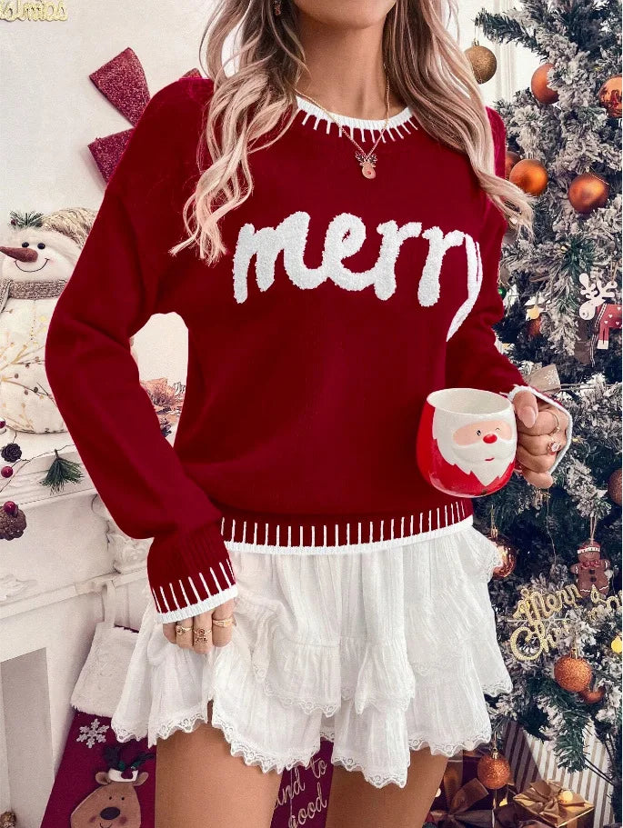 2025 New Winter Christmas Sweater For Women Print Knitted Long Sleeve Y2K Clothes Warm Jumpers Pullover Tops Knitwear