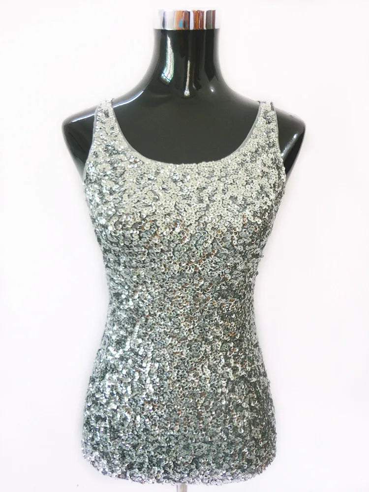 New Women Sequined Spaghetti Camisole Tank Tops Summer Clubwear Tops Sexy Round Neck Sequin Camis Vest Tops Blue