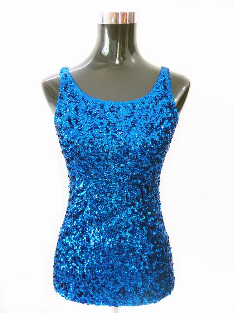 New Women Sequined Spaghetti Camisole Tank Tops Summer Clubwear Tops Sexy Round Neck Sequin Camis Vest Tops Blue