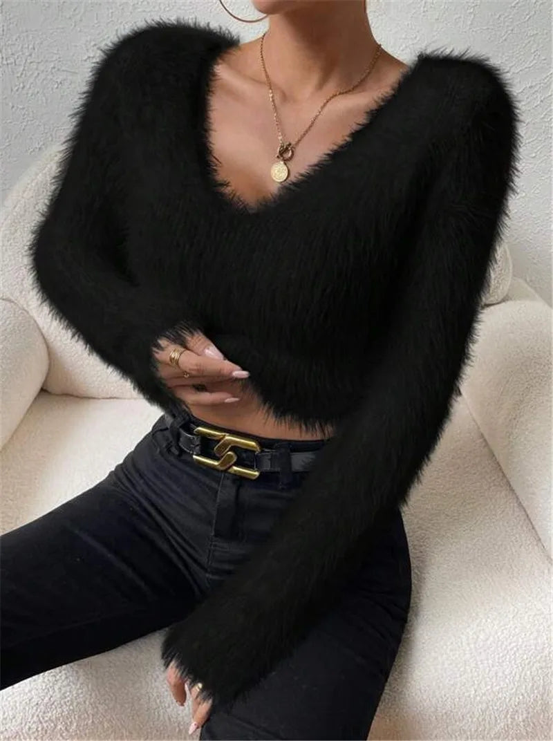 Women's Sweater Sexy V Neck Fashion Long Sleeve Slim Solid Color Cropped Top