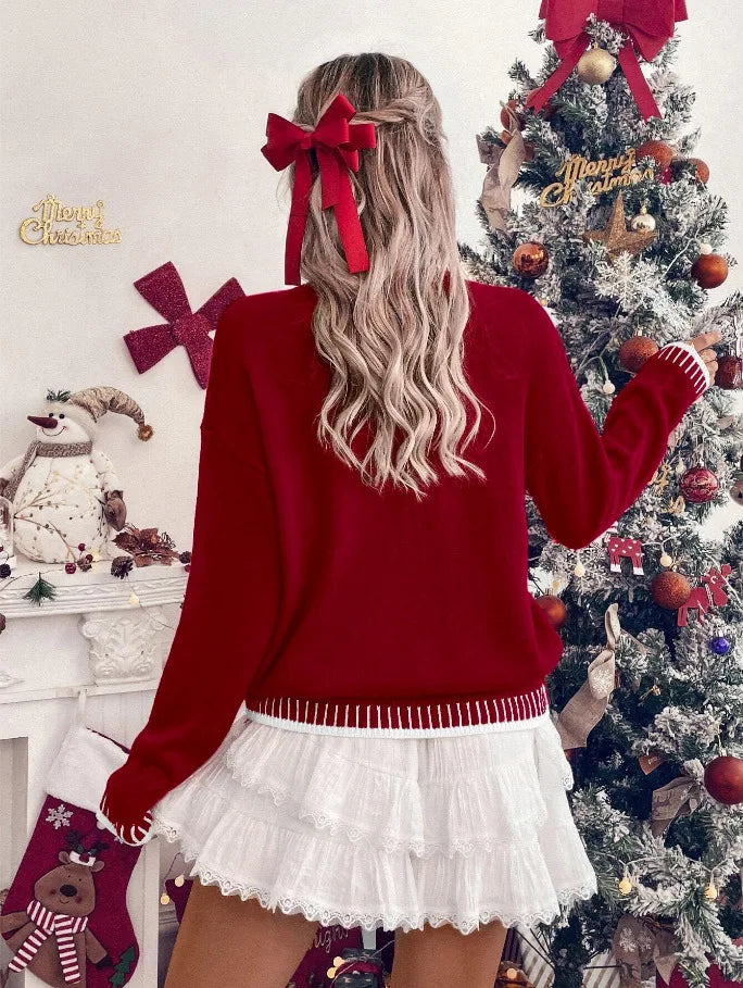 2025 New Winter Christmas Sweater For Women Print Knitted Long Sleeve Y2K Clothes Warm Jumpers Pullover Tops Knitwear