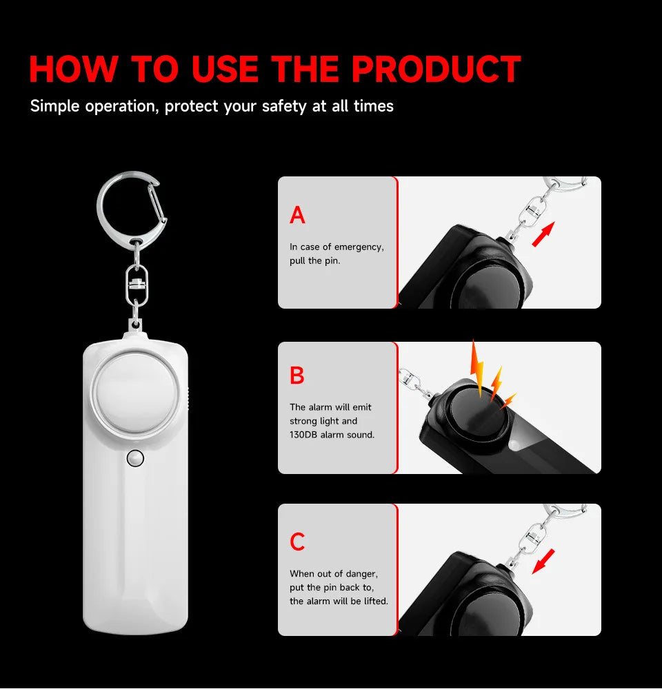 Personal Self Defense Alarm 130db Self Defense Siren Safety Alarm For Women Girl Personal Keychain Alarm with LED Alarm
