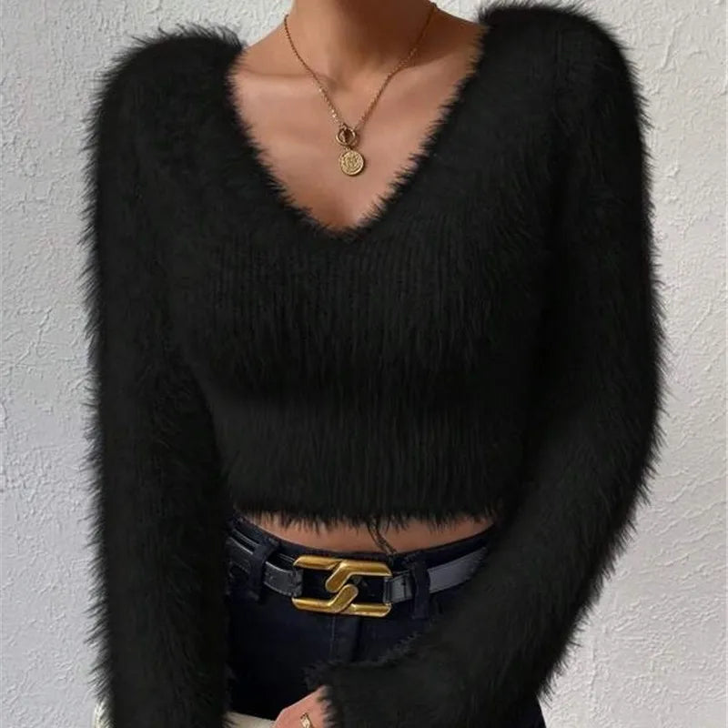 Women's Sweater Sexy V Neck Fashion Long Sleeve Slim Solid Color Cropped Top