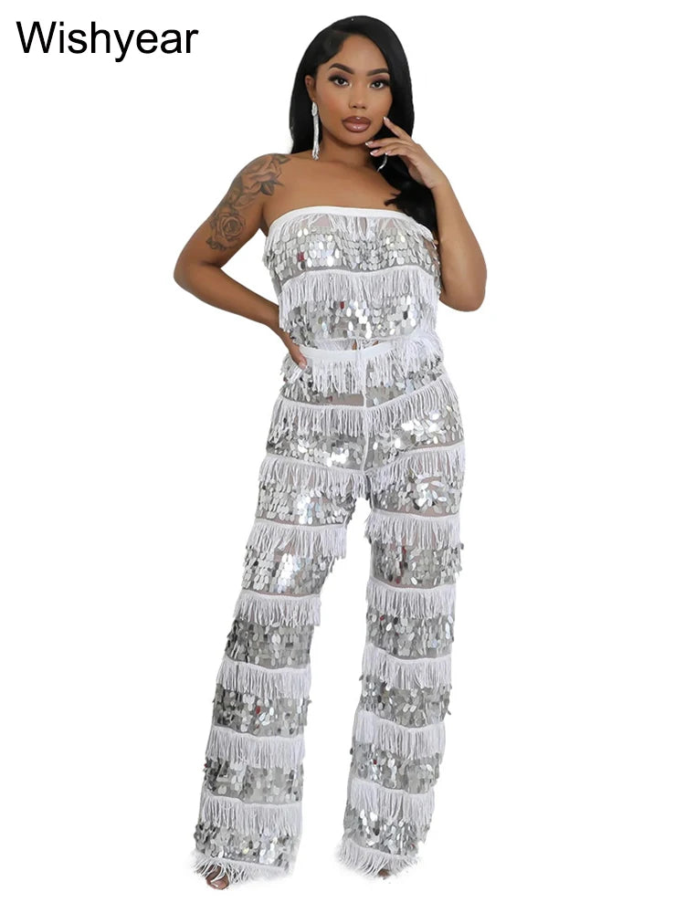 New Luxury Sequin Tassel Women Sleeveless Strapless Crop Tops and Wide Leg Pants Two 2 Piece Sexy Club Birthday Matching Sets